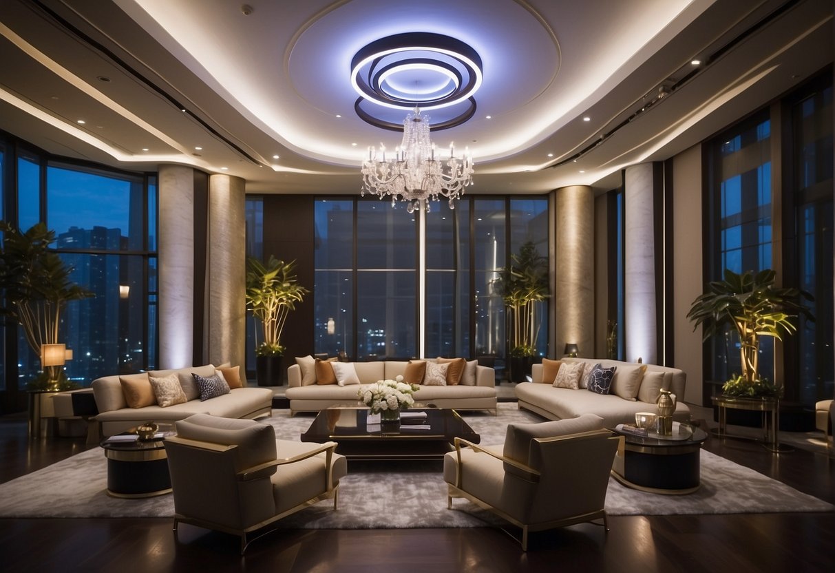 A luxurious setting with the RCBC logo prominently displayed, surrounded by elegant decor and sophisticated branding materials