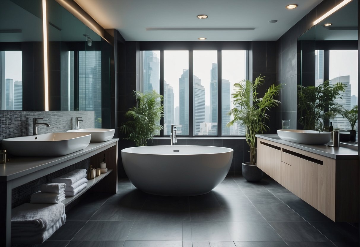 A clean, modern bathroom with a prominent "Frequently Asked Questions" promotion sign in Singapore