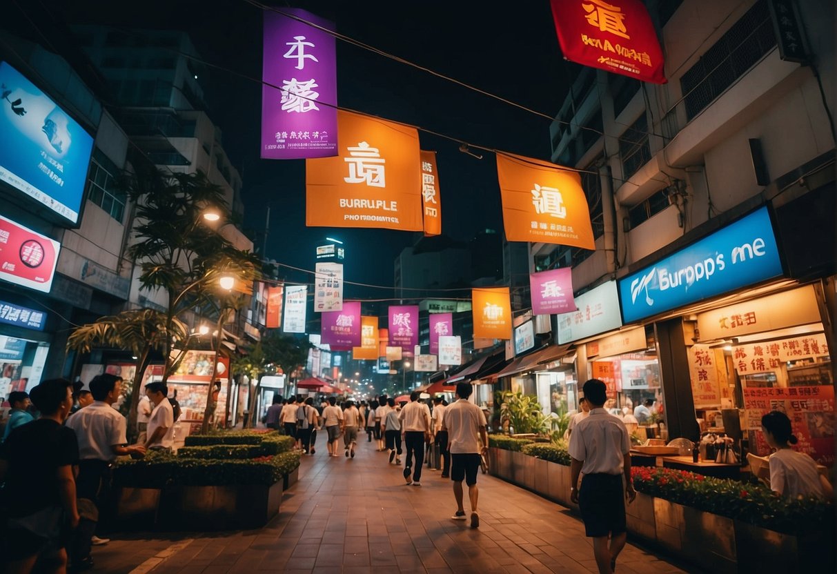 A vibrant Singaporean street with colorful banners and signs advertising Burpple promotions
