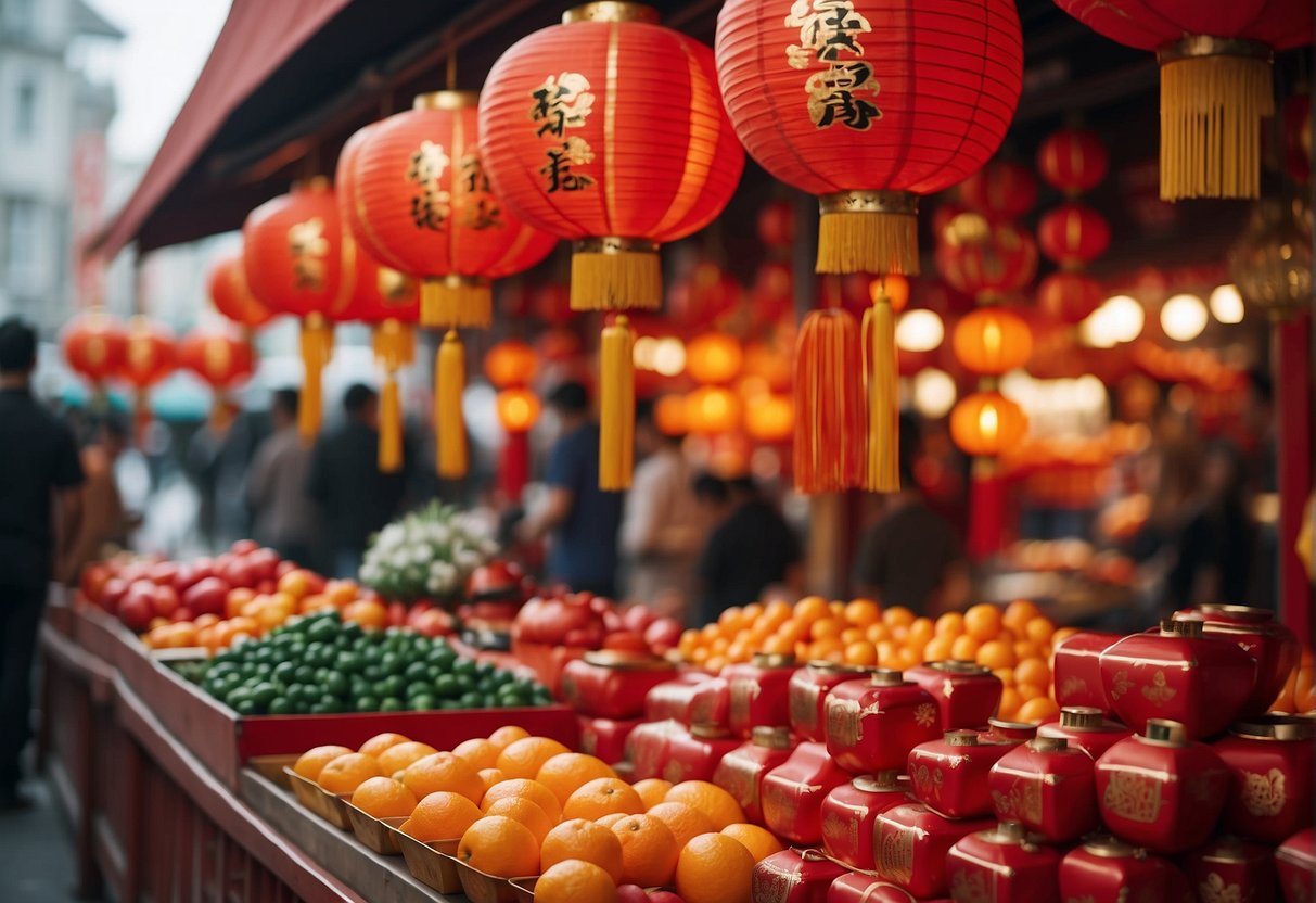 A bustling market with red lanterns, mandarin oranges, and traditional decorations. People shop for festive treats and essentials. Red packets and CNY promotions adorn the storefronts