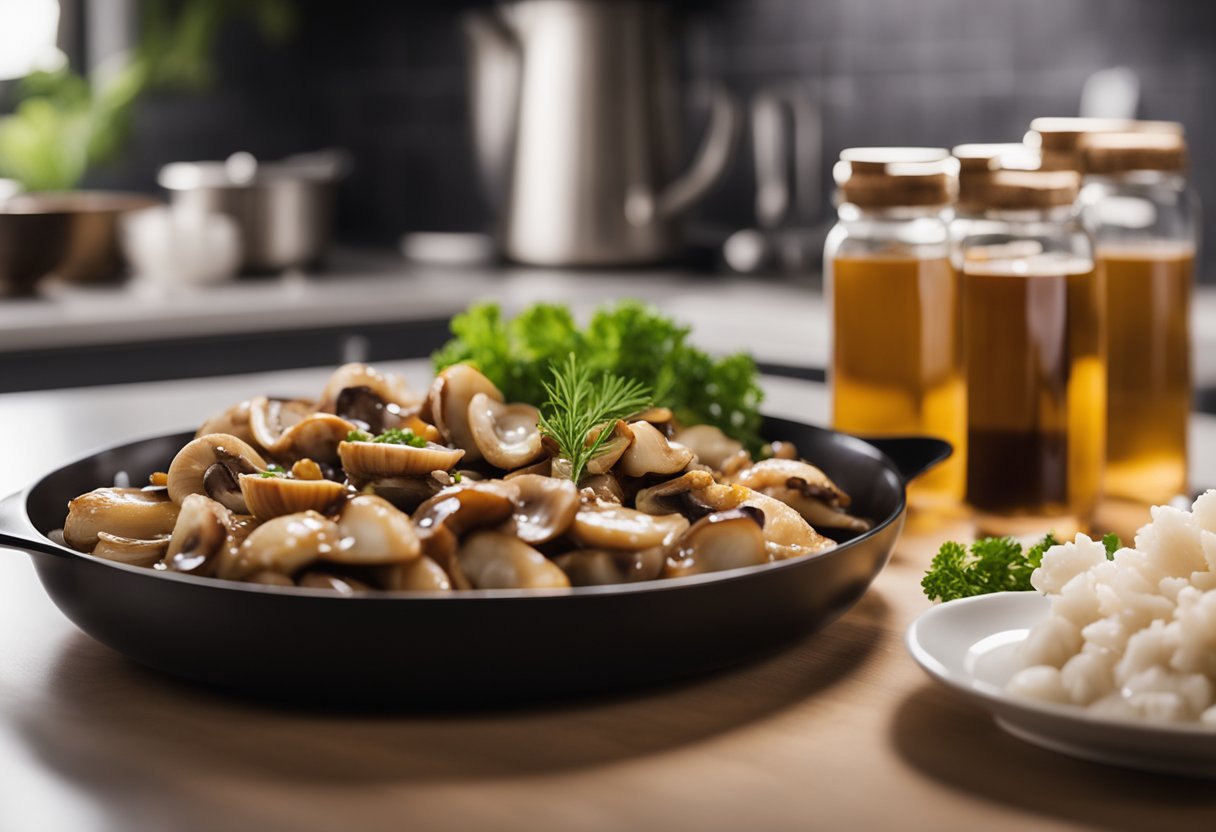Chicken, mushrooms, and oyster sauce arranged on a clean kitchen counter, ready to be used for a recipe