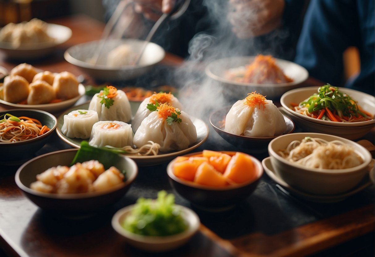 A table set with steaming dim sum, colorful stir-fries, and fragrant noodle dishes, surrounded by happy diners in a bustling restaurant