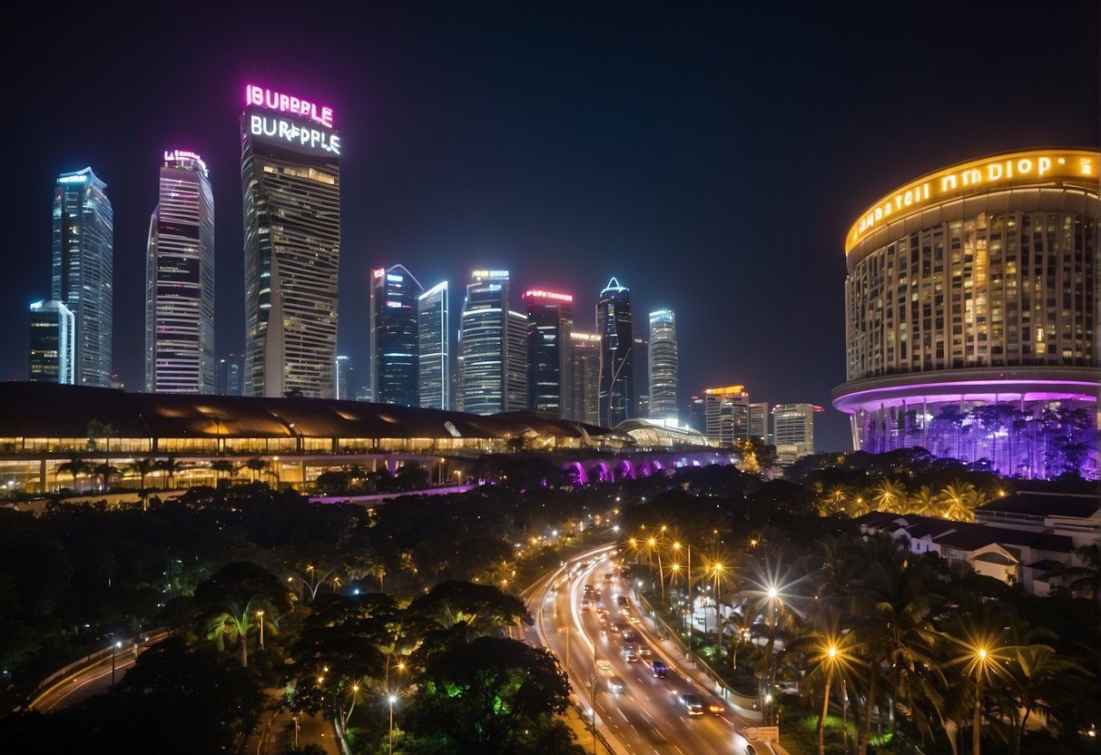 A vibrant cityscape with prominent "Latest Burpple Promotions" signage in Singapore. Bright lights and bustling activity indicate a popular dining destination