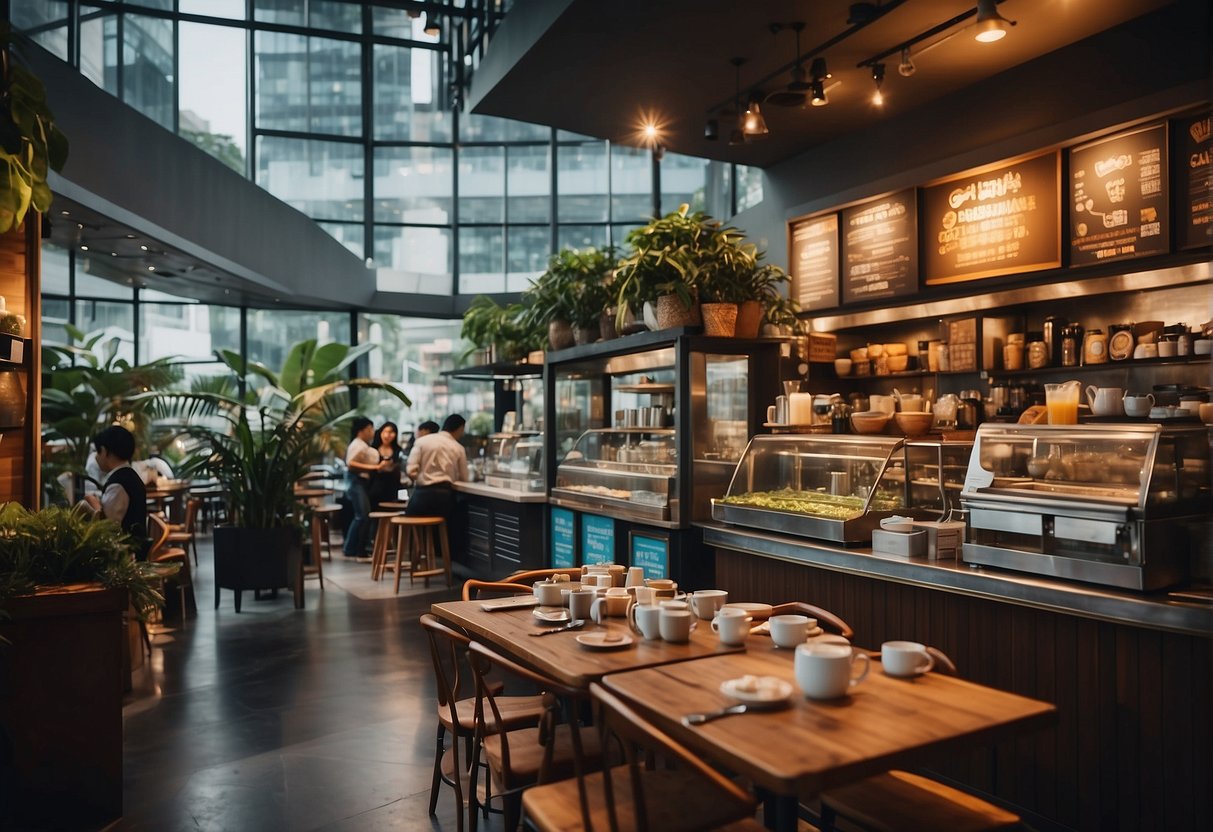 A bustling café in Singapore, with steaming cups of coffee on vibrant display and promotional signs adorning the walls