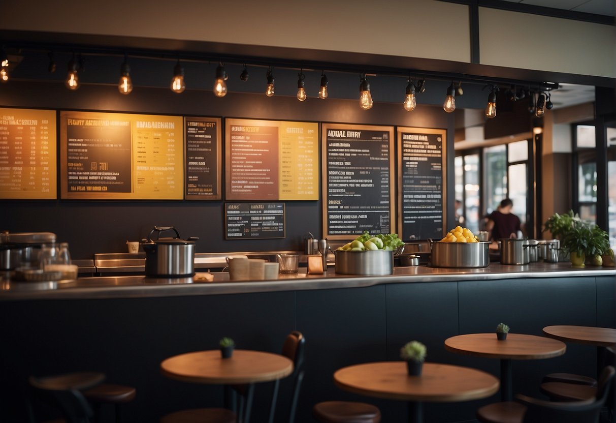 A bustling restaurant with colorful banners and a crowd of people. A menu board displays promotions while staff members attend to customers