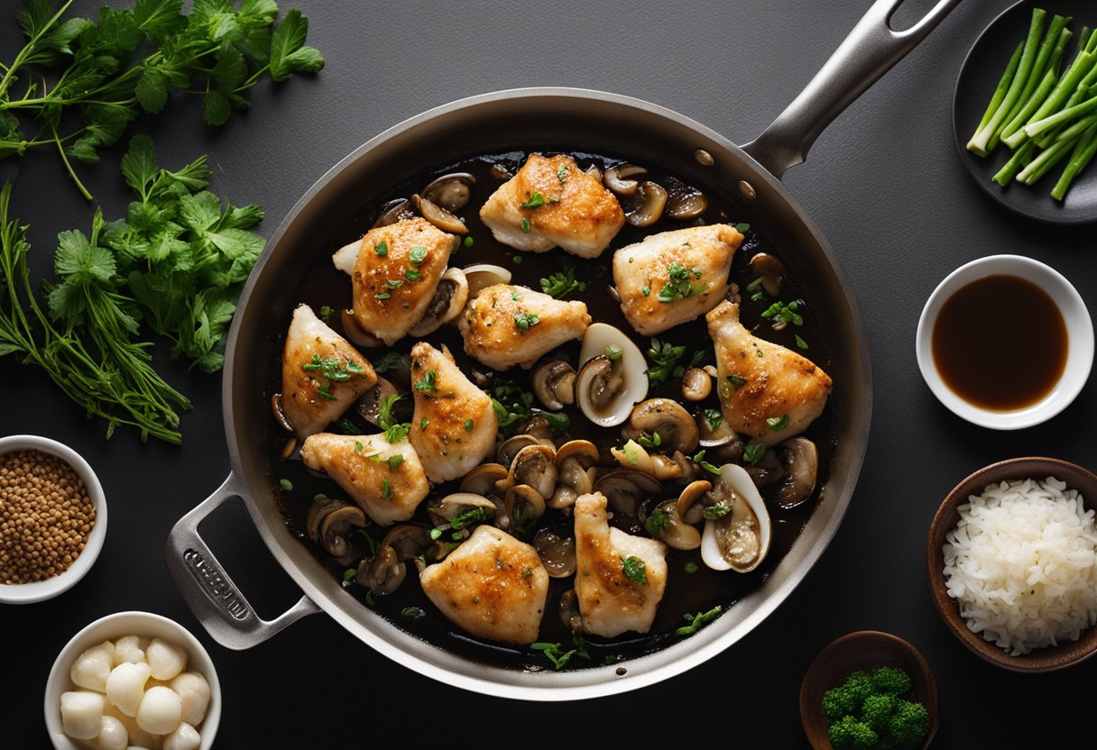 Chicken, mushrooms, and oyster sauce sizzling in a pan, then being plated and garnished with herbs