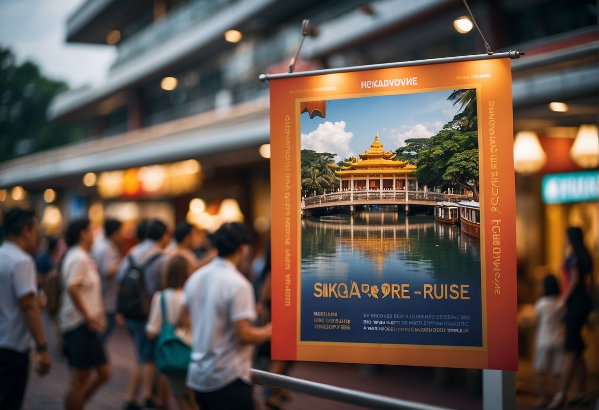 A vibrant Singapore River cruise promotion display with colorful banners and signs, showcasing the latest deals and discounts for travelers