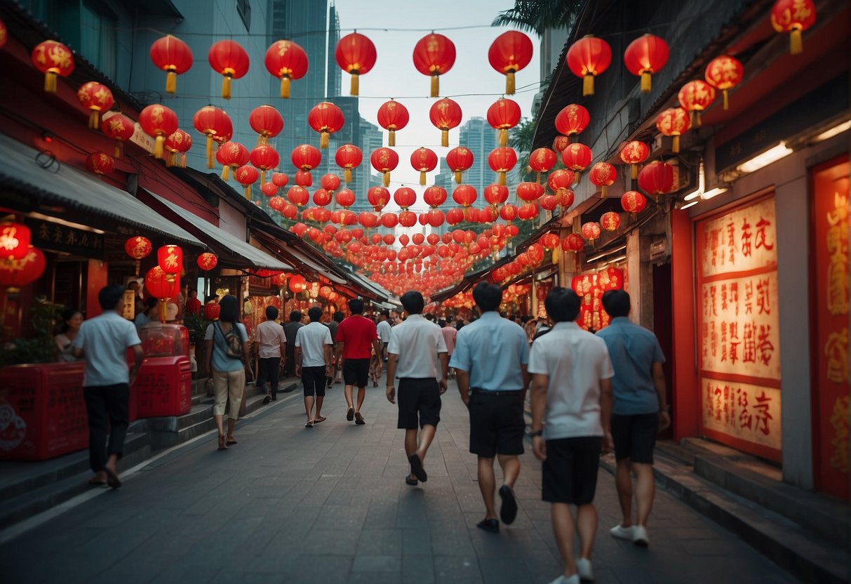 A bustling Singapore street adorned with red lanterns and banners promoting Chinese New Year promotions