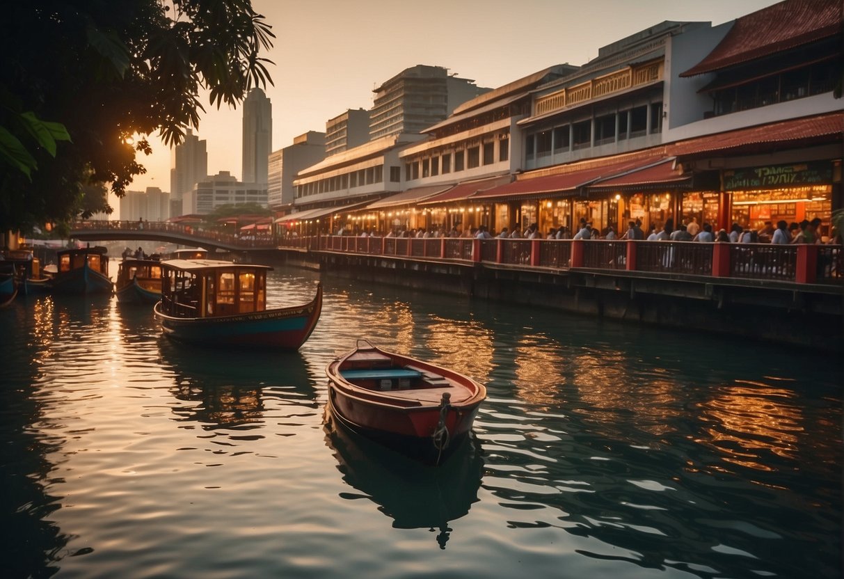 The sun sets over the bustling Singapore River as colorful boats line the waterfront, with the aroma of sizzling street food wafting through the air