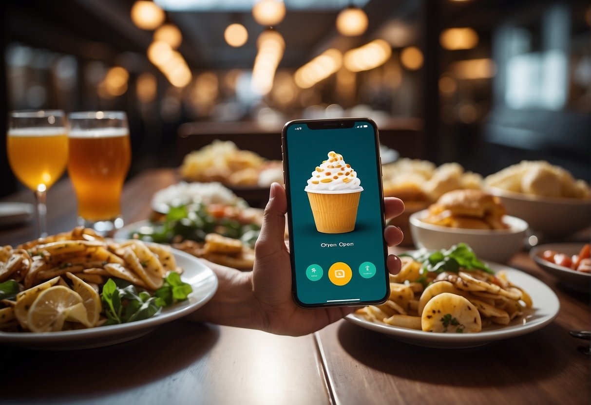 A table filled with delicious food and drinks, with a smartphone displaying the Burpple app open to exclusive promotions in the background