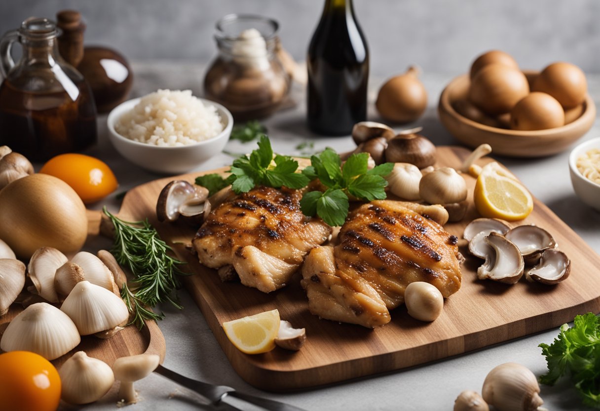 A wooden cutting board with fresh chicken, mushrooms, and a bottle of oyster sauce surrounded by recipe ingredients and utensils