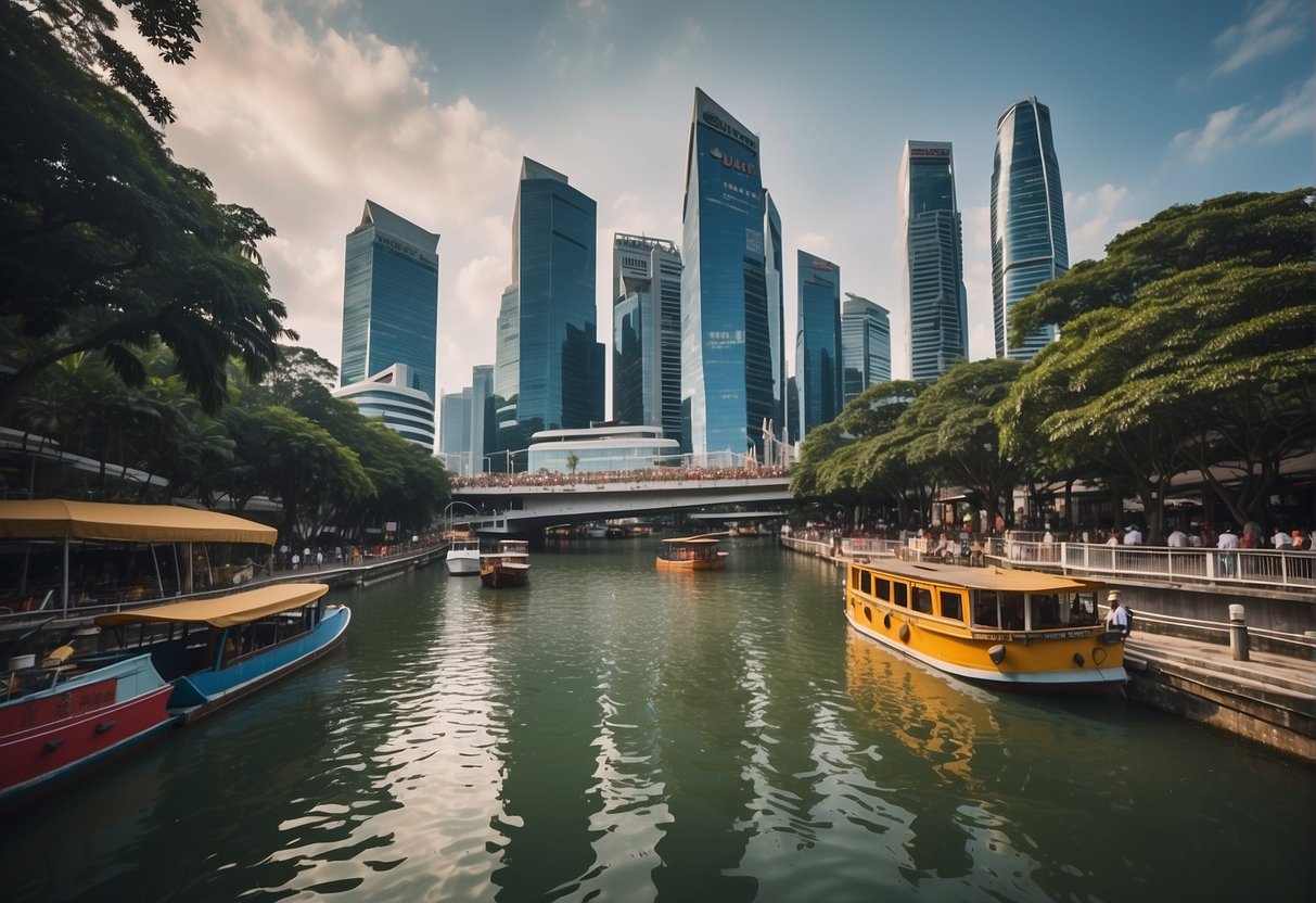 The bustling Singapore River with colorful boats and promotional banners lining the waterfront