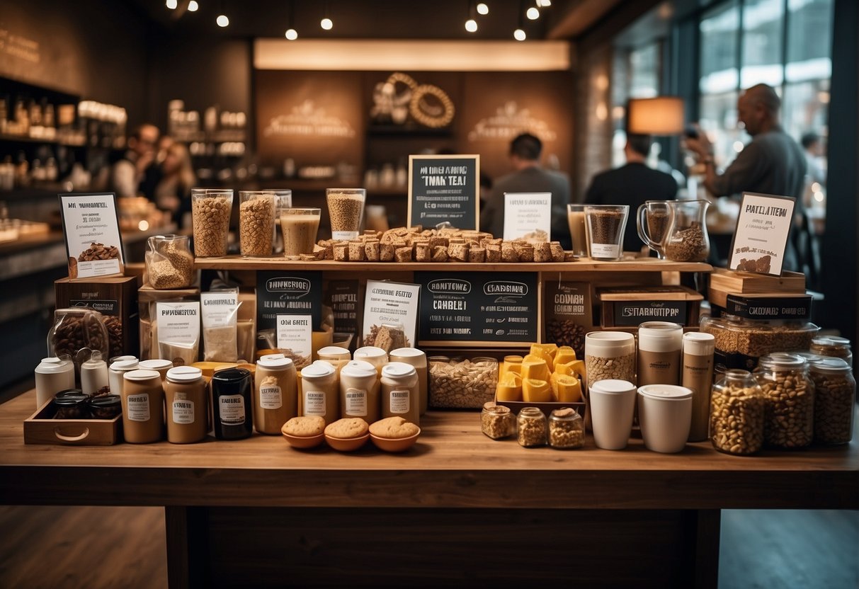 A table filled with various coffee and tea products, surrounded by promotional signs and banners, with a bustling crowd of customers in the background