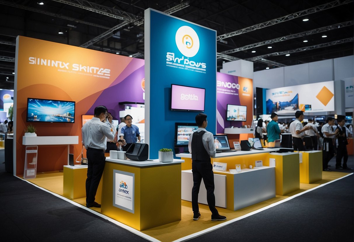 A bustling trade show booth at Sintex Promotions Singapore, with colorful displays and engaging product demonstrations