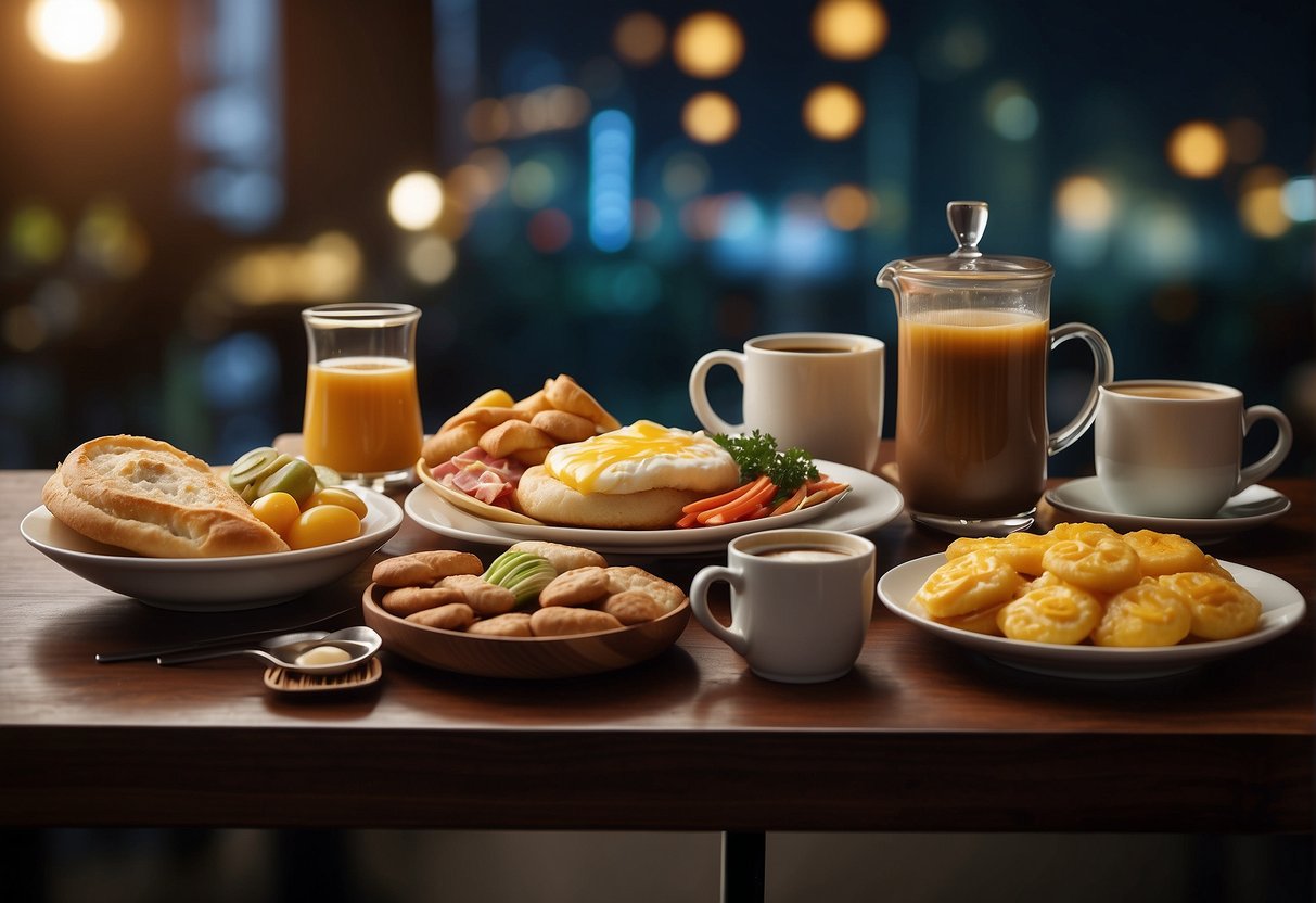 A table set with a variety of savoury breakfast items and late-night snacks, accompanied by steaming cups of coffee, with a promotional banner for a Singaporean cafe
