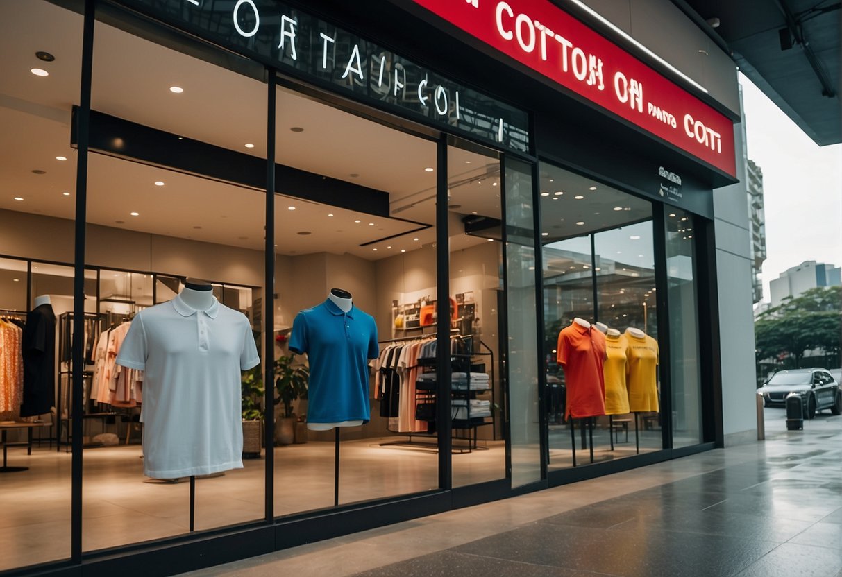 A sleek, modern storefront with bold signage and vibrant displays showcasing the 2024 promotions for Cotton On in Singapore