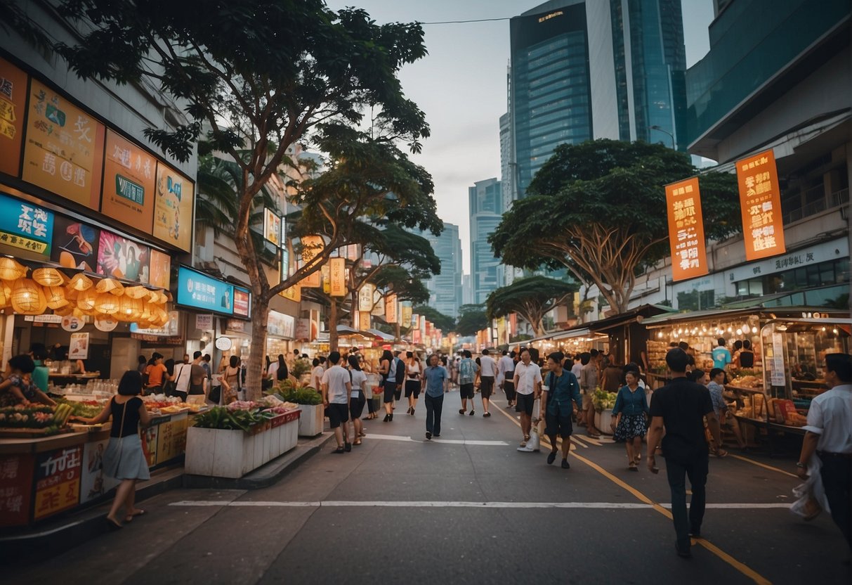 A bustling Singapore street with colorful banners and signs promoting ongoing promotions by Sintex