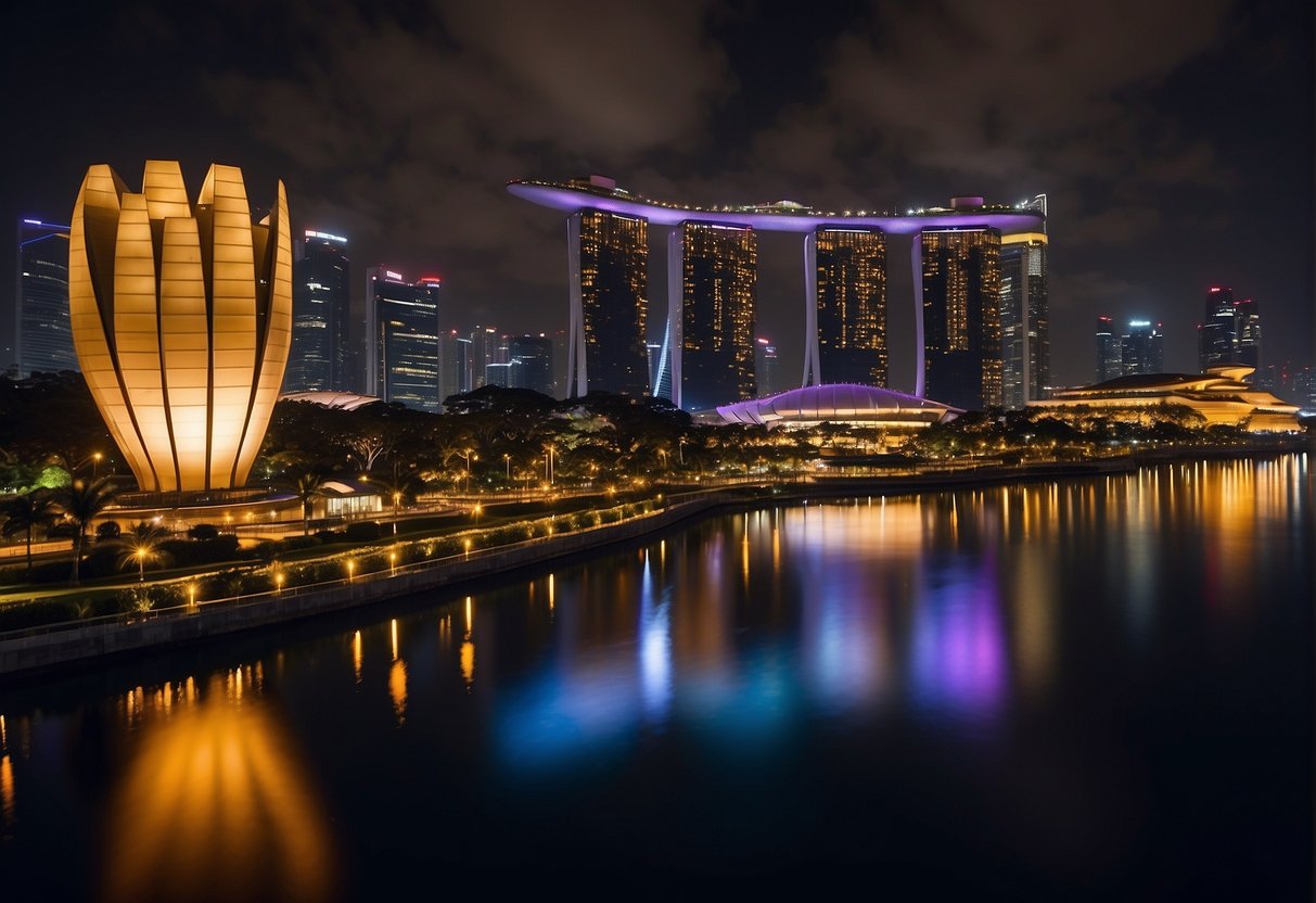 The City of Dreams Hotel in Singapore is illuminated by vibrant lights, with its modern architecture standing tall against the night sky. The surrounding cityscape is bustling with activity, showcasing the vibrant energy of the bustling metropolis
