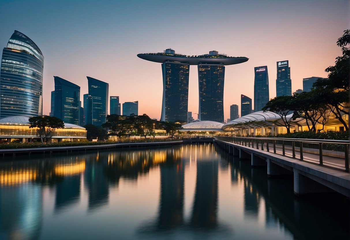 A bustling cityscape with the iconic Marina Bay Sands and the towering skyscrapers of Singapore's financial district, with a prominent billboard displaying "Captain Kim Promotions."