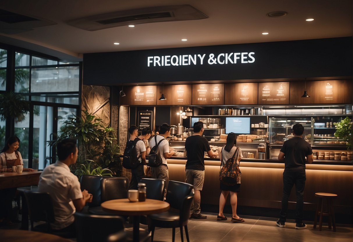 A bustling coffee shop with a prominent "Frequently Asked Questions" sign in Singapore. Customers line up for the promotion