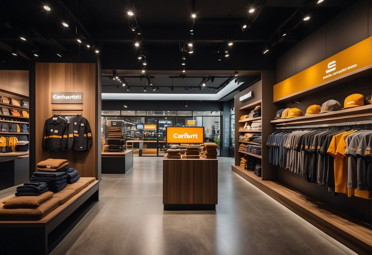 A Carhartt store in Singapore with prominent promotional displays and signage. The storefront is modern and inviting, with a focus on showcasing the brand's durable and stylish workwear