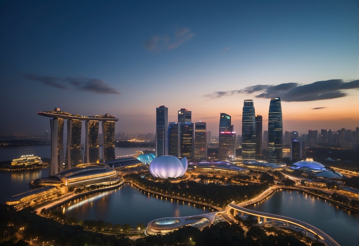 A bustling city skyline with a prominent hotel featuring "Frequently Asked Questions" and "City of Dreams" promotional banners in Singapore
