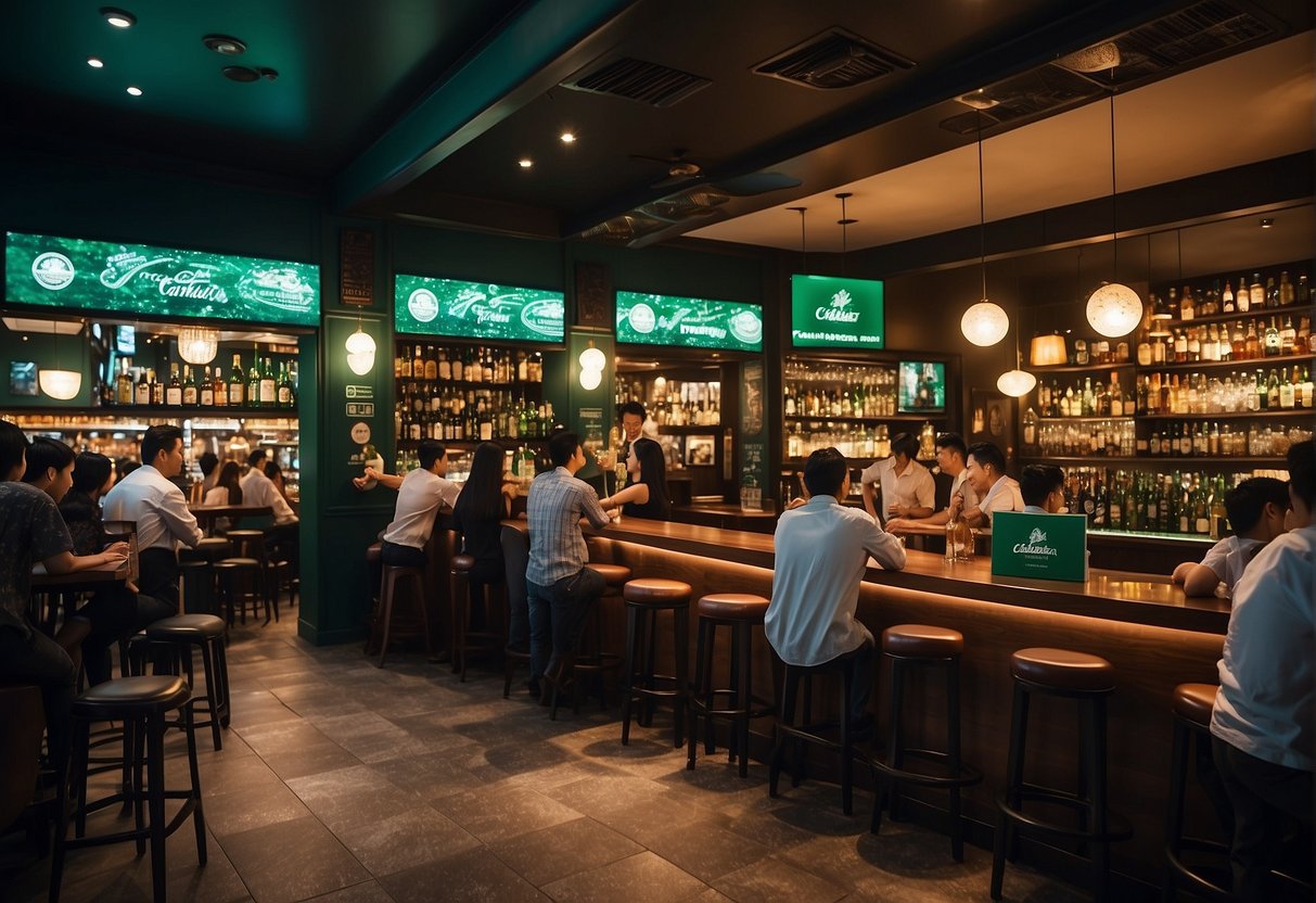 A crowded bar in Singapore with Carlsberg beer posters, promotional banners, and happy customers enjoying the special offers