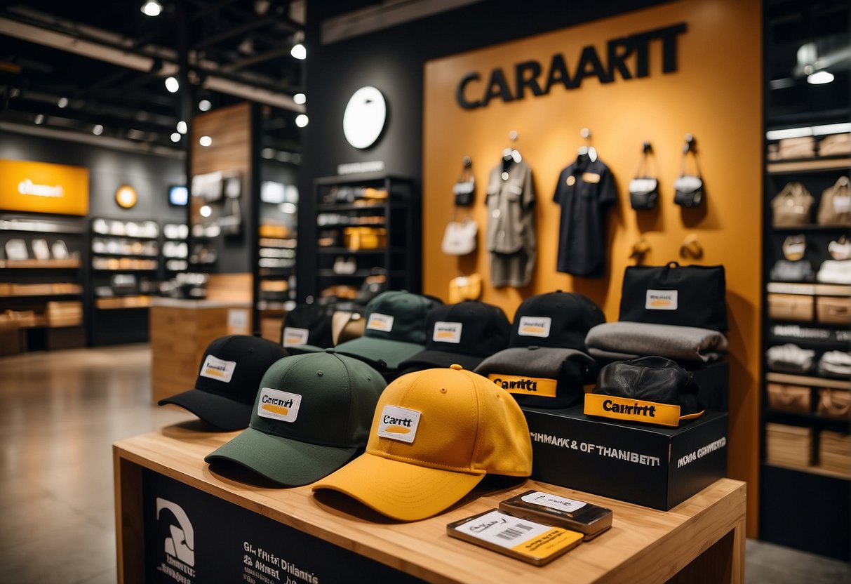 A display of Carhartt accessories and homeware items with promotional signage in a Singapore store