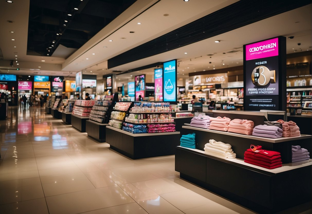 A vibrant display of Cotton On promotion signs and products in a busy Singapore shopping mall
