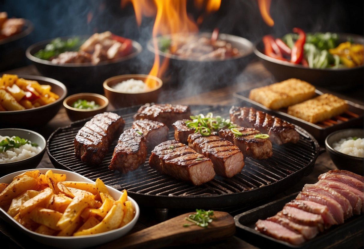 A sizzling grill with assorted meats, surrounded by colorful banners advertising promotions for Korean BBQ enthusiasts