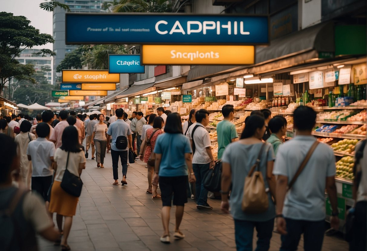 A bustling Singaporean market with colorful Cetaphil promotions displayed in storefronts and people browsing for deals