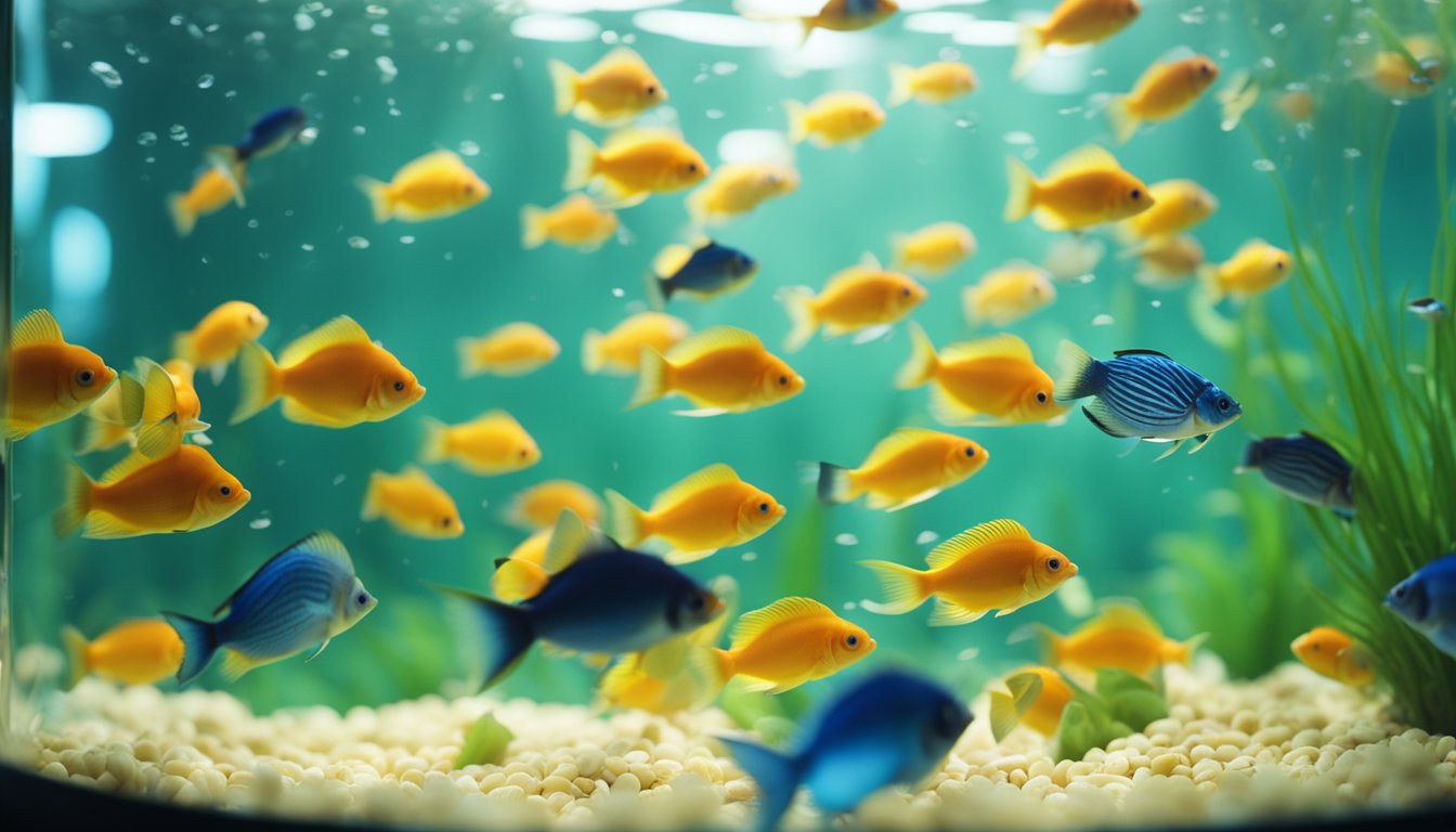 A school of colorful fish swimming among floating cereal pieces in a clear, sunlit aquarium