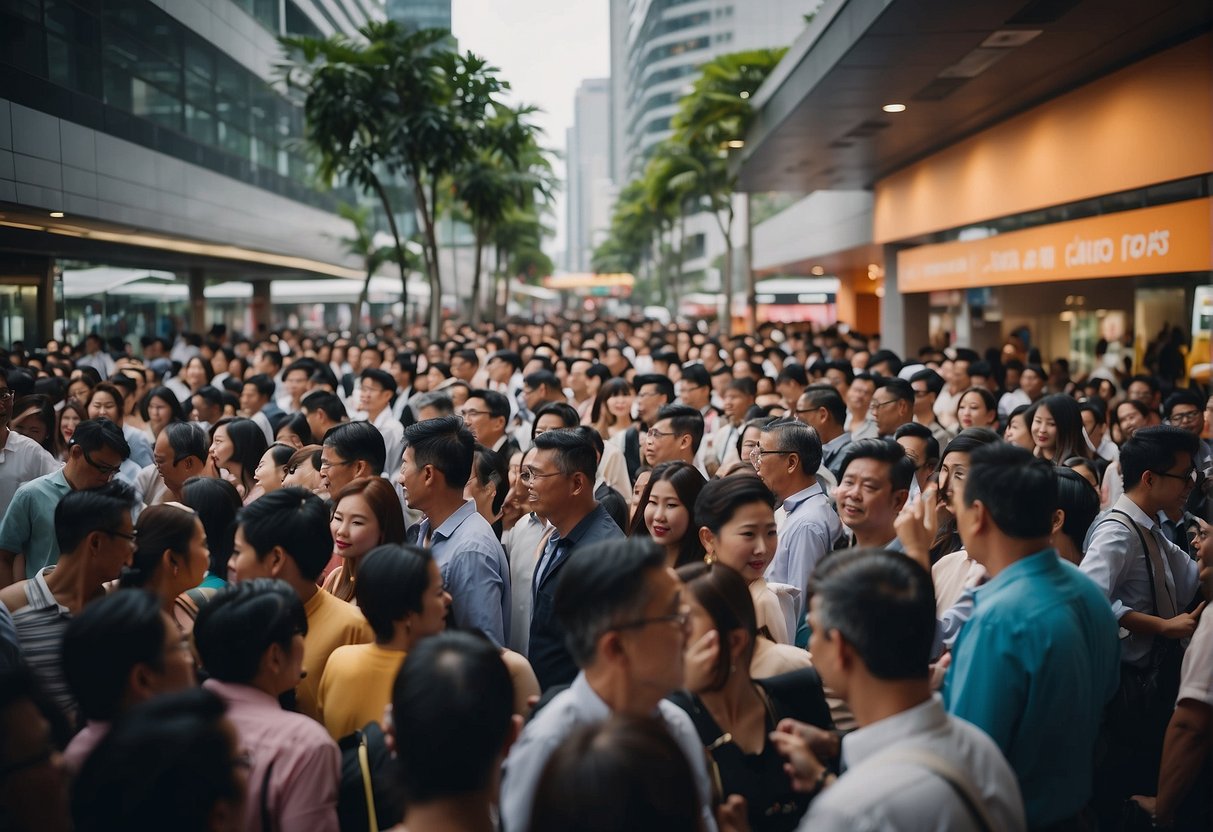 A crowded event with people asking questions at a promotional booth in Singapore