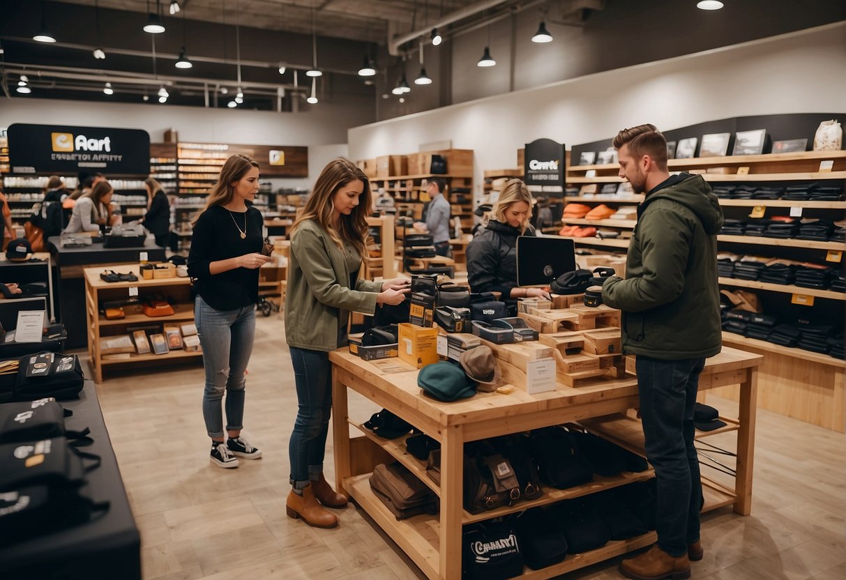 A bustling store with Carhartt promotional displays, customers browsing, and staff assisting. Bright signage and product samples draw attention