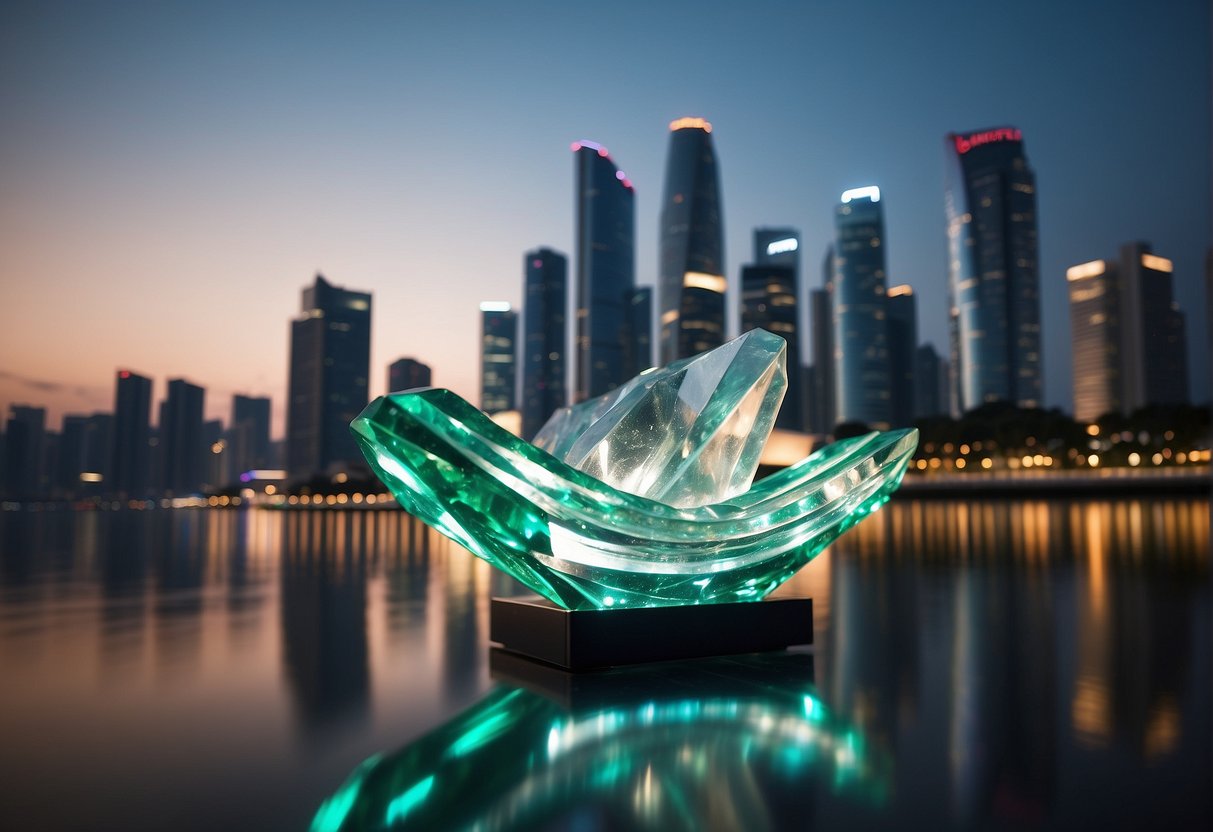 A glowing crystal jade sign stands against a backdrop of modern Singapore skyline