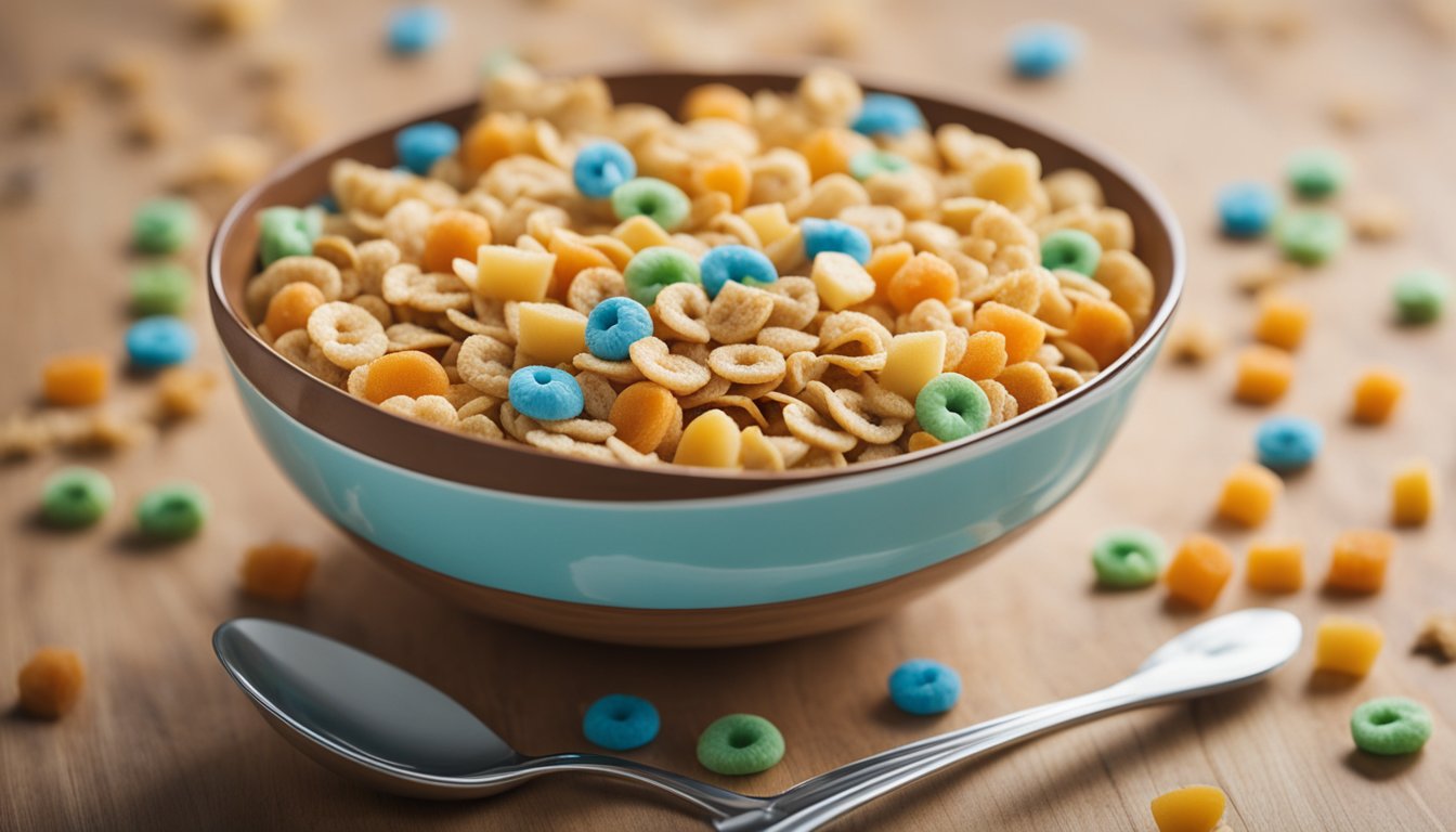 A bowl of cereal sits on a table, surrounded by a few fish-shaped cereal pieces. A spoon is placed next to the bowl