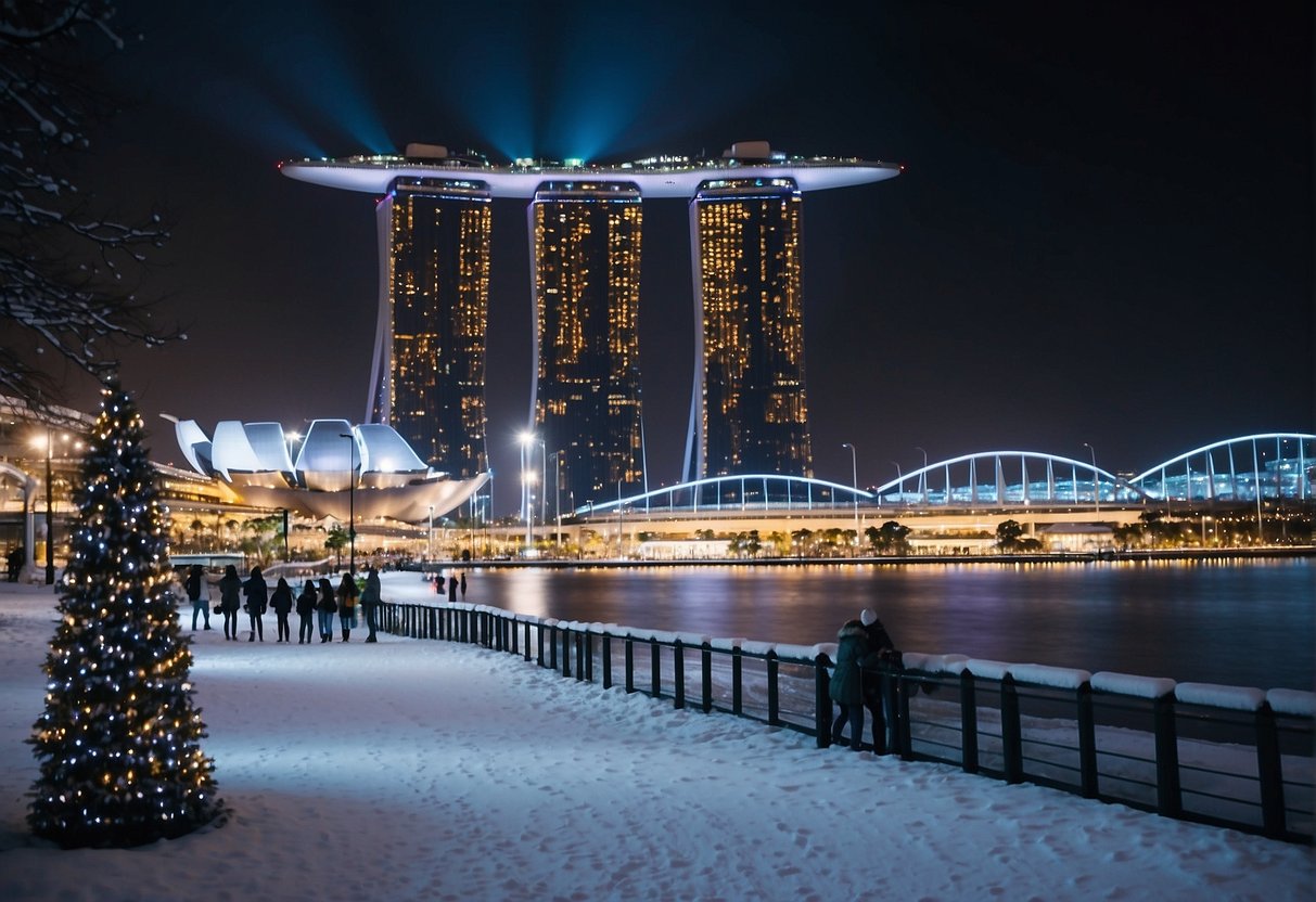 Snow-covered cityscape with iconic Singapore landmarks like the Marina Bay Sands and the Singapore Flyer. Lights illuminate the snowy streets as people shop and dine
