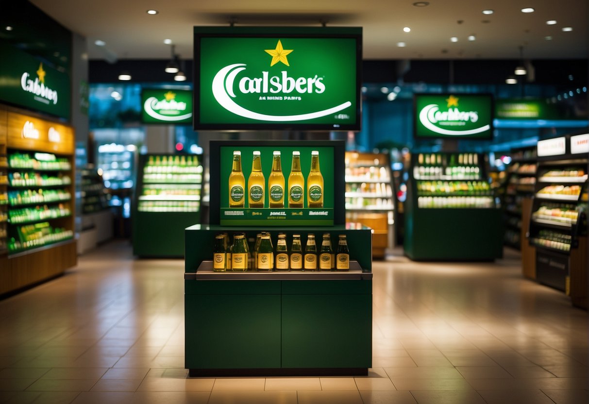 Brightly lit store display with prominent "Limited Time Offers" signage, showcasing Carlsberg promotions in Singapore. Various products and promotional materials are arranged attractively
