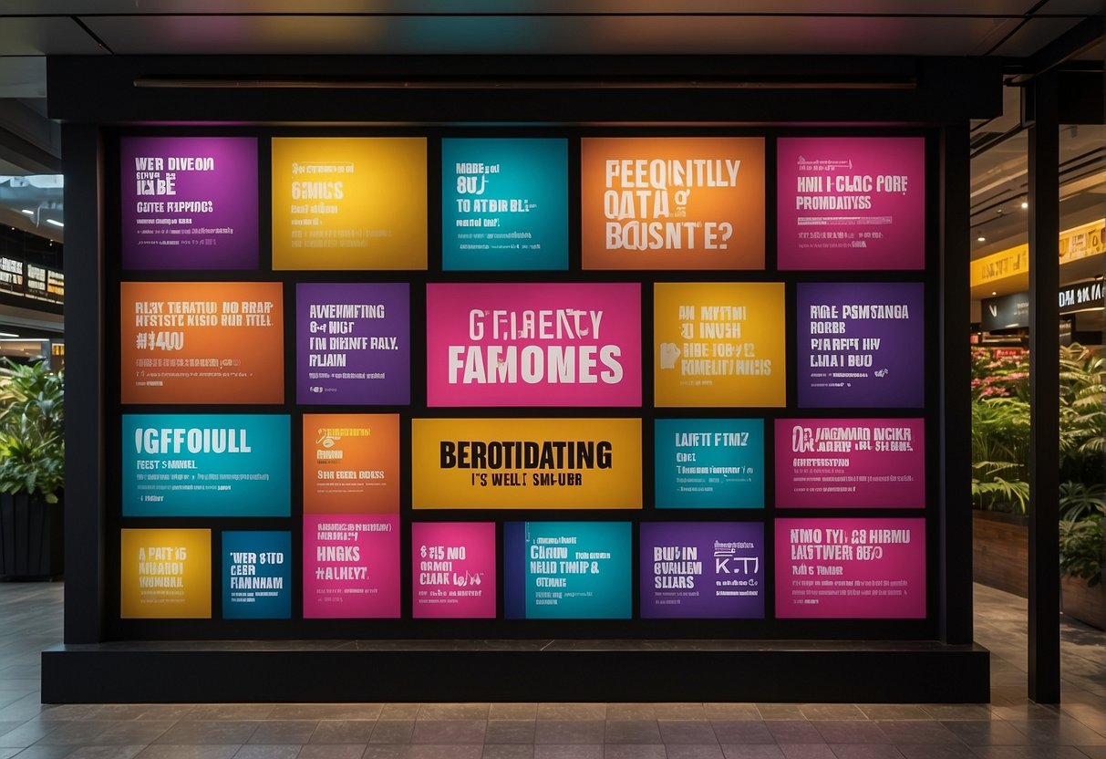 A vibrant display of "Frequently Asked Questions" signage surrounded by cotton on promotions in Singapore. Bright colors and bold typography draw attention