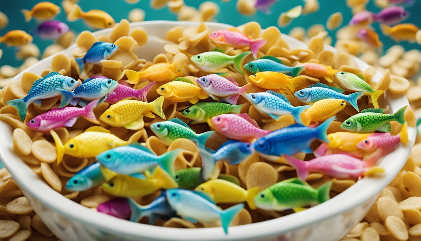 A school of colorful fish swimming around a bowl of cereal with "Frequently Asked Questions" written on the box