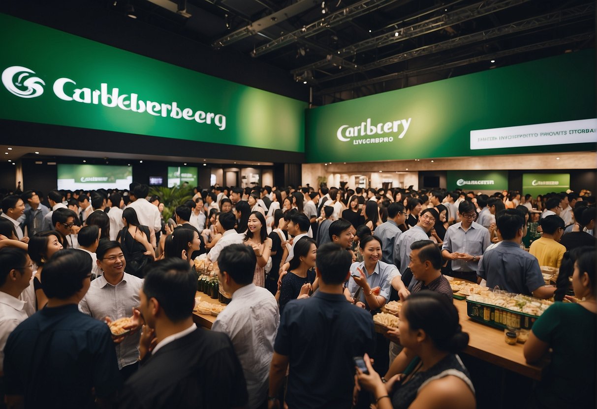 A crowded event space with people interacting at Carlsberg promotions in Singapore. Branding and promotional materials are displayed prominently