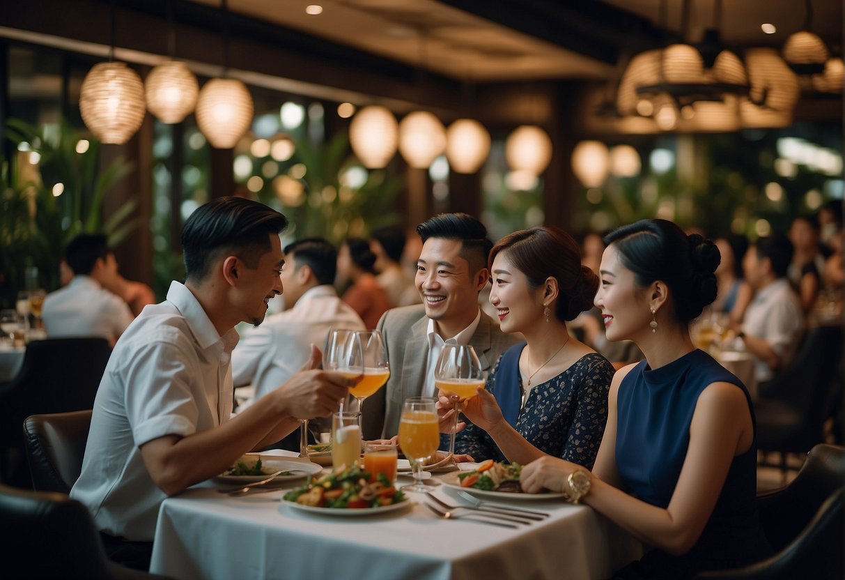 A diverse group of diners enjoys exclusive privileges at Captain Kim Promotions in Singapore. The scene showcases a variety of dishes and drinks, with a focus on the elegant and welcoming atmosphere of the restaurant