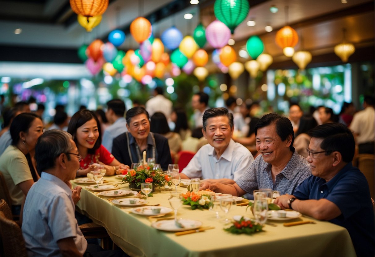 People of all ages celebrating and enjoying festive promotions at Crystal Jade restaurants across Singapore. Decorations and special offers reflect various public holidays throughout the year