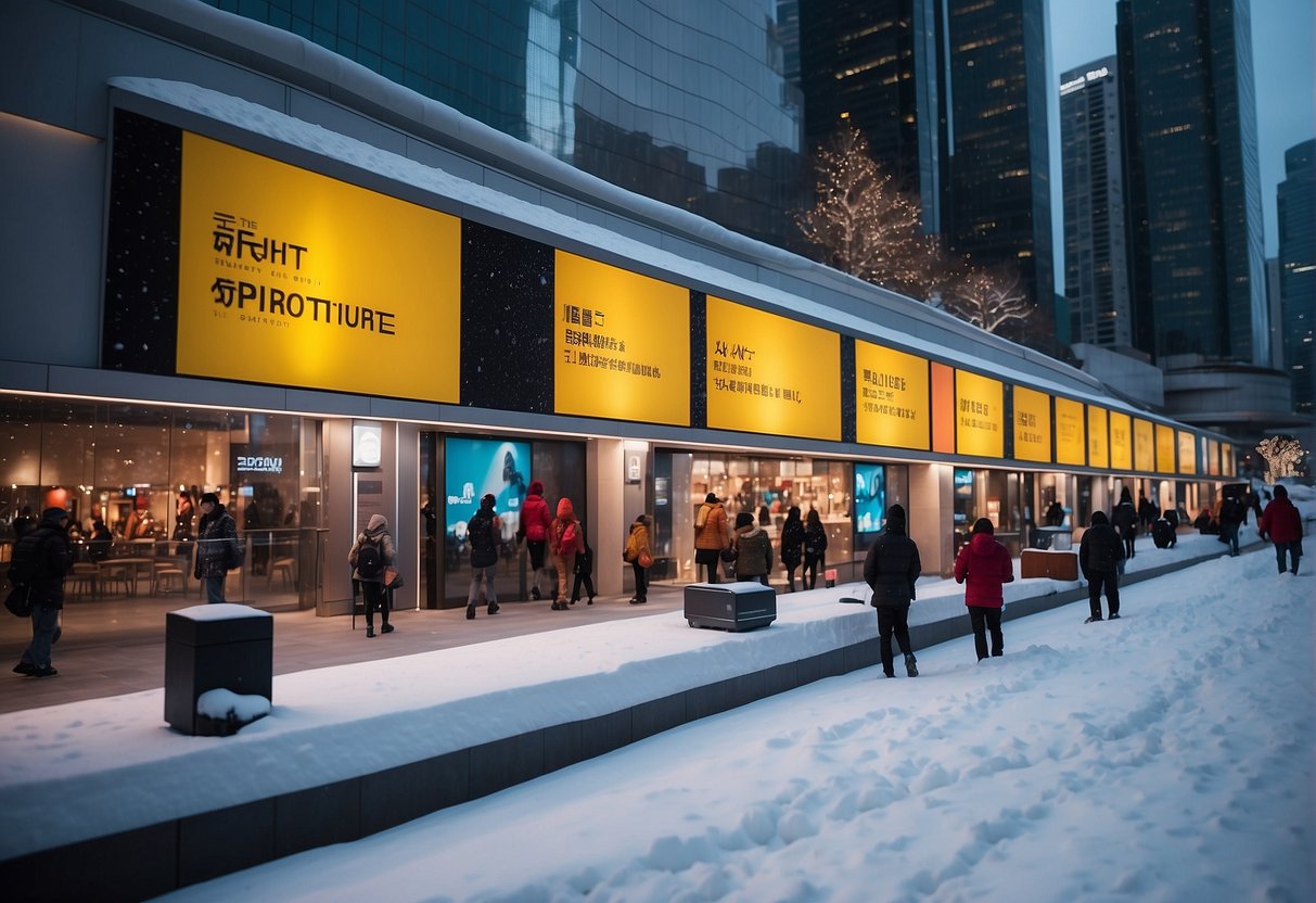 Snow city promotions in Singapore: Show essential gear like snow boots, gloves, and snowboards in a snowy urban setting with colorful signage