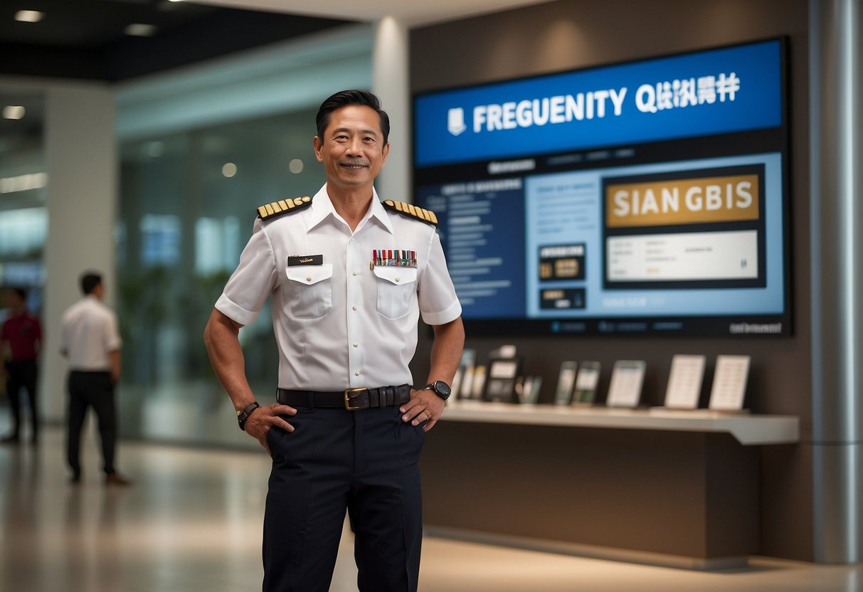 A captain in uniform stands beside a promotional display for Singapore, with a sign reading "Frequently Asked Questions" prominently displayed