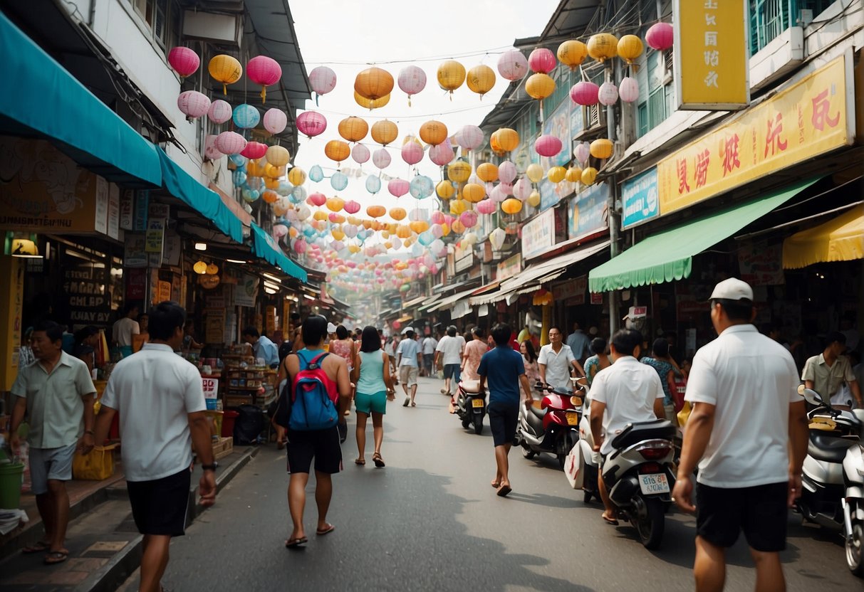 A bustling street in Phuket, with vibrant promotional signs from Singapore shops, surrounded by bustling crowds and colorful storefronts
