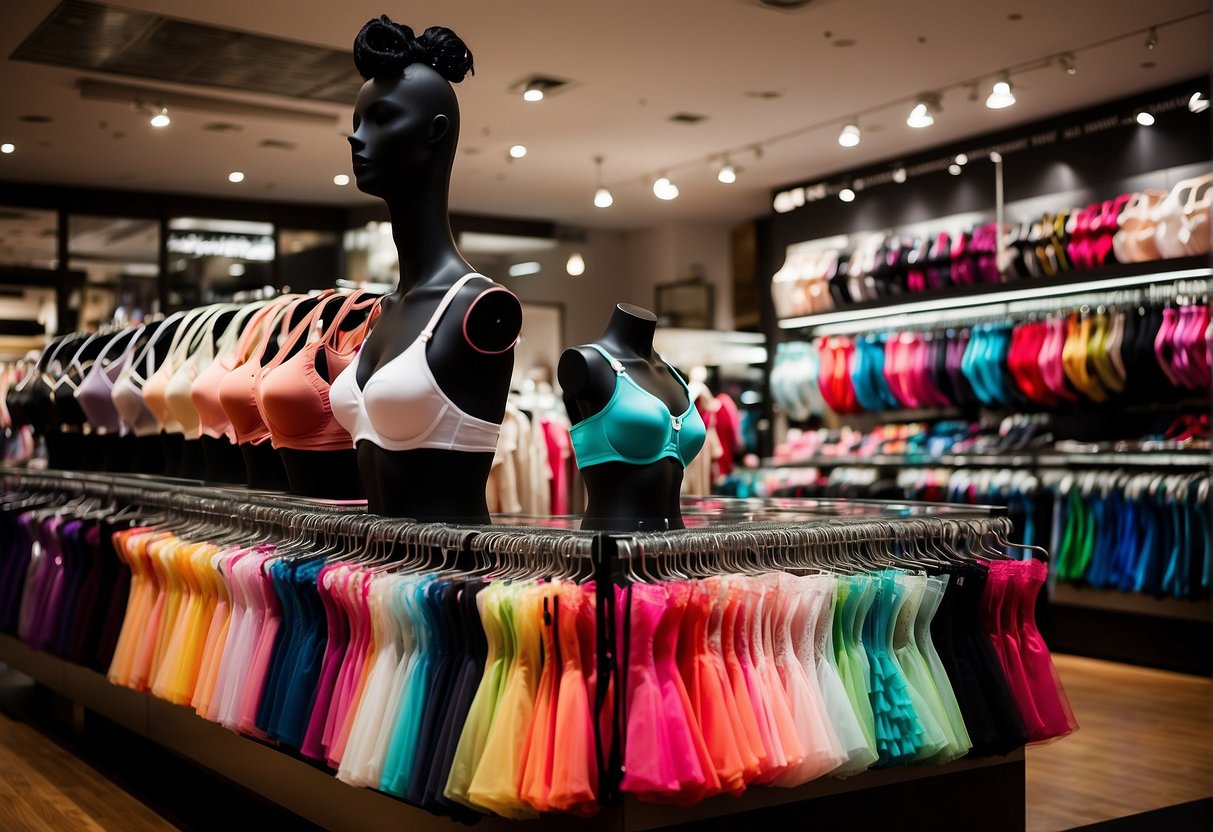 A vibrant display of bras in various colors and styles, with promotional signs and discounts, in a busy Singapore lingerie store