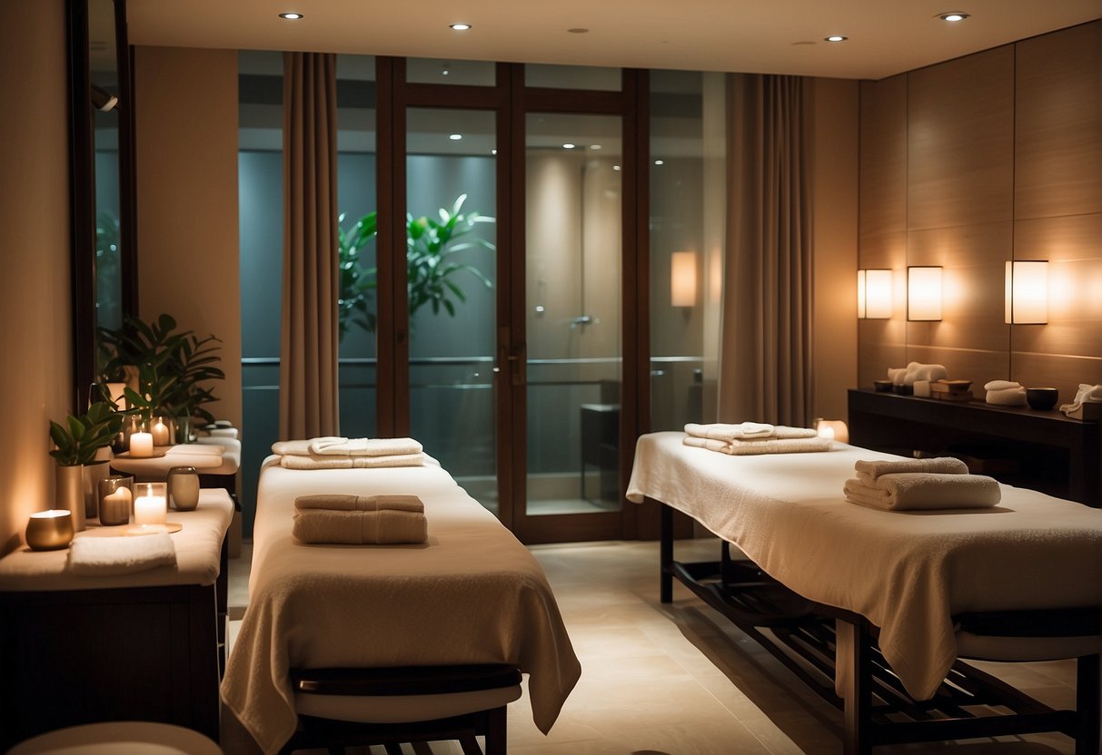 A serene spa room with soft lighting, two massage tables adorned with plush towels, and a sign promoting couple massages in Singapore
