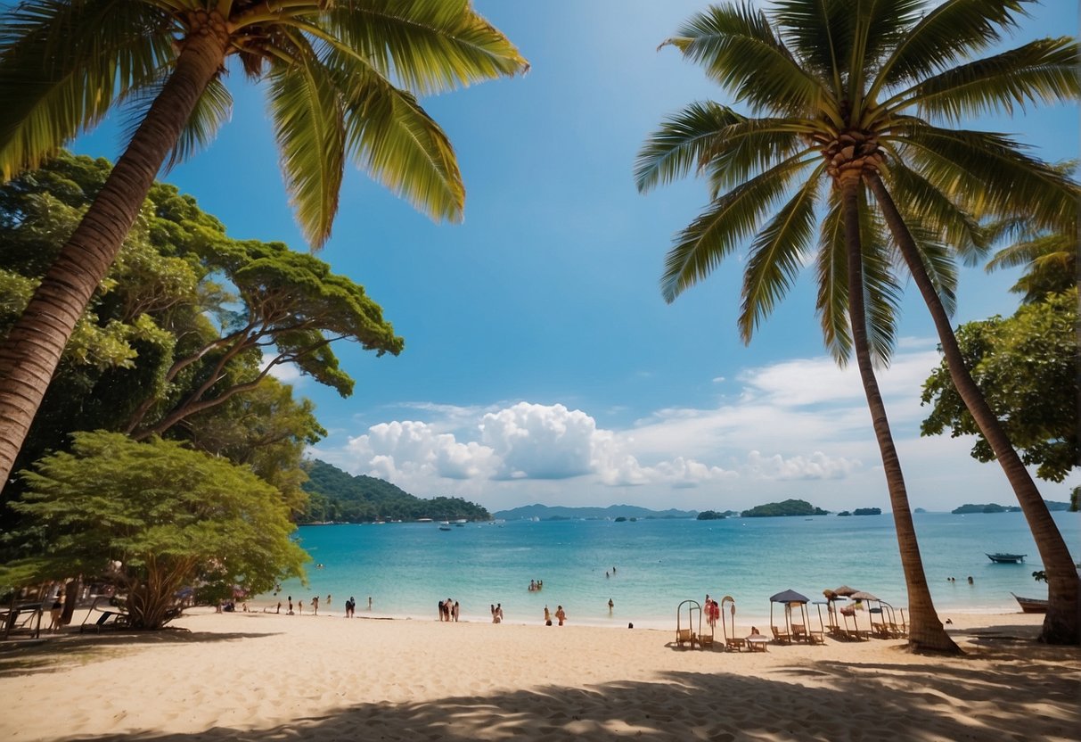 A vibrant beach scene with palm trees, clear blue waters, and colorful promotional banners for Phuket, with the Singapore skyline in the background