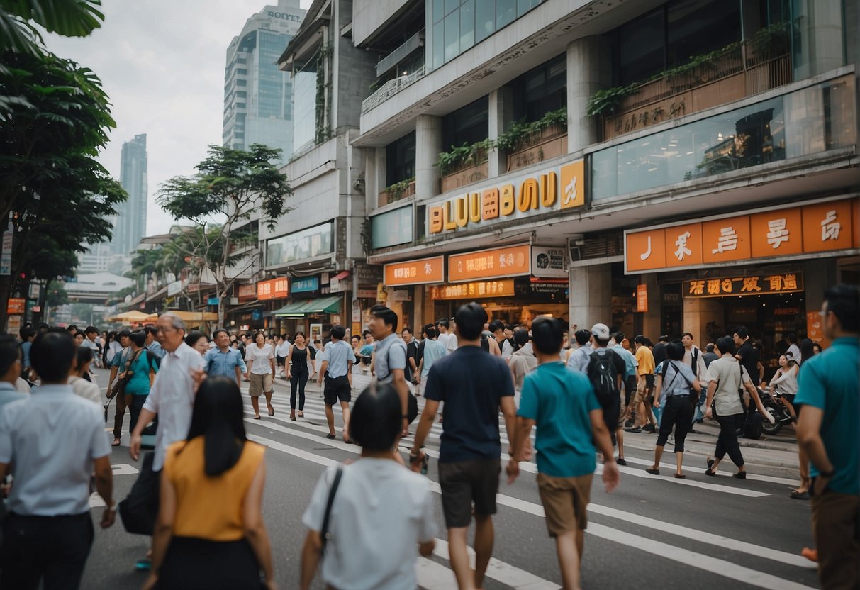 A bustling city street with vibrant signage and bustling activity, showcasing the energy and excitement of Blum Promotions Singapore